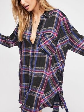 FREE PEOPLE Nordic Day Top Plaid Buttondown Oversized Purple Blue Shirt XS